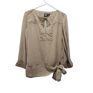 NWT Worth 100% Silk Beaded Tie Hem Blouse Gold Sequin Tunic Top S